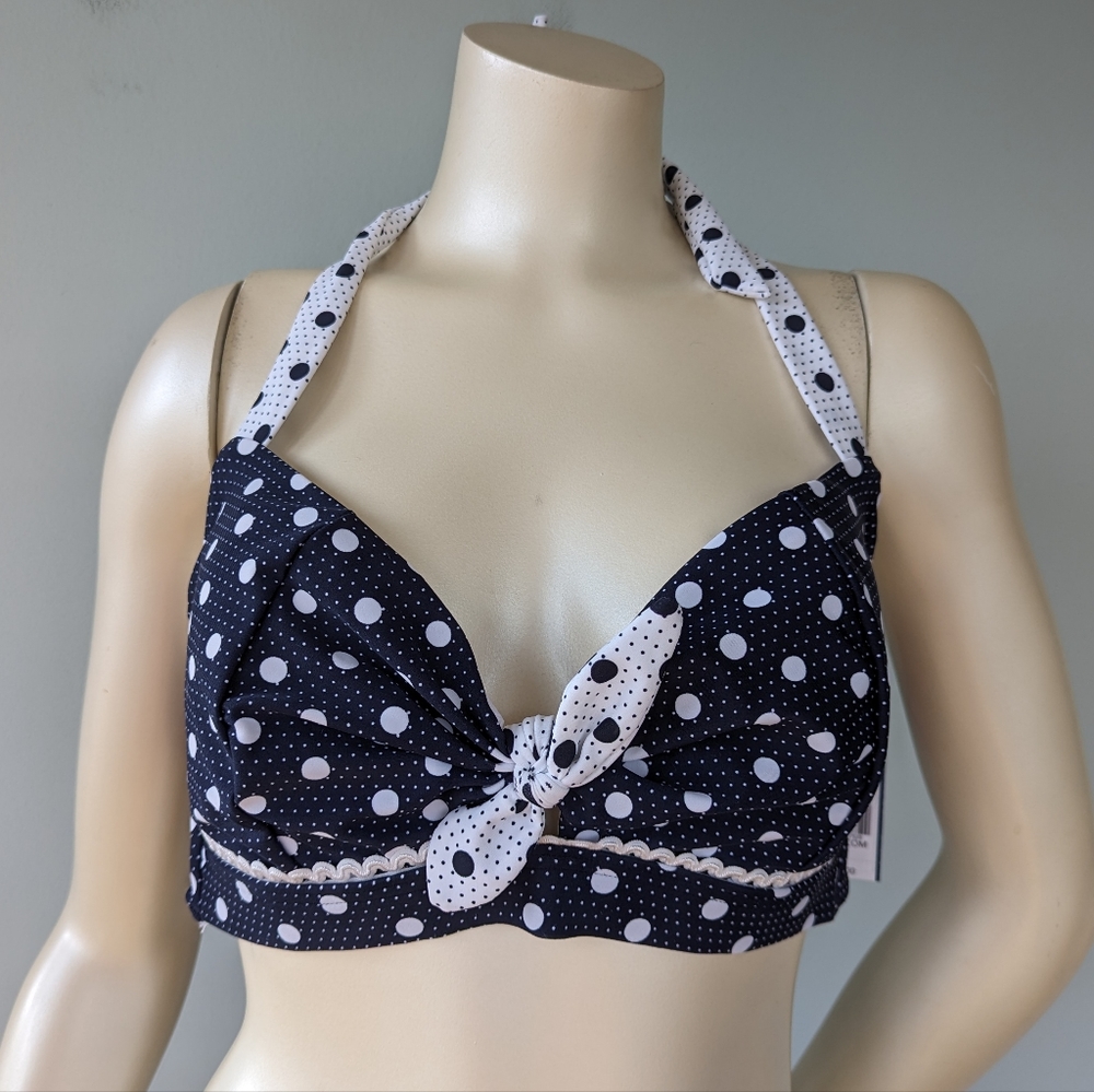 NWT Crown & Ivy Retro Navy Blue Polka Dot Bikini Top - Picture 4 of 7
